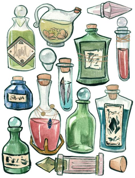 Apothecary Wall, Bottle Drawing, Potion Bottles, Fantasy Props, Digital Download Art, Potion Bottle, Witch Art, Prop Design, 판타지 아트