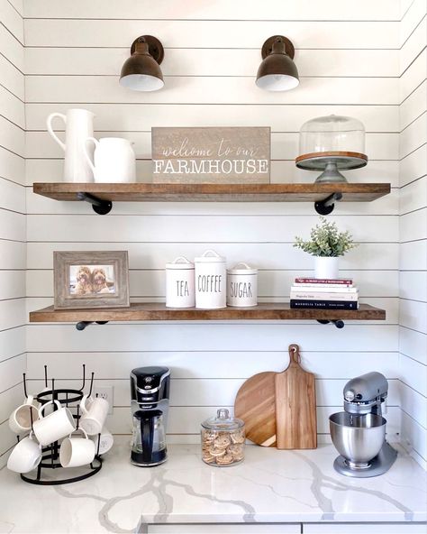 Kitchen Floating Shelves, Coffee Station Kitchen, Coffee Bar Station, Kitchen Shelf Decor, Floating Shelf Decor, Floating Shelves Kitchen, Home Coffee Stations, Coffee Bars In Kitchen, Coffee Nook