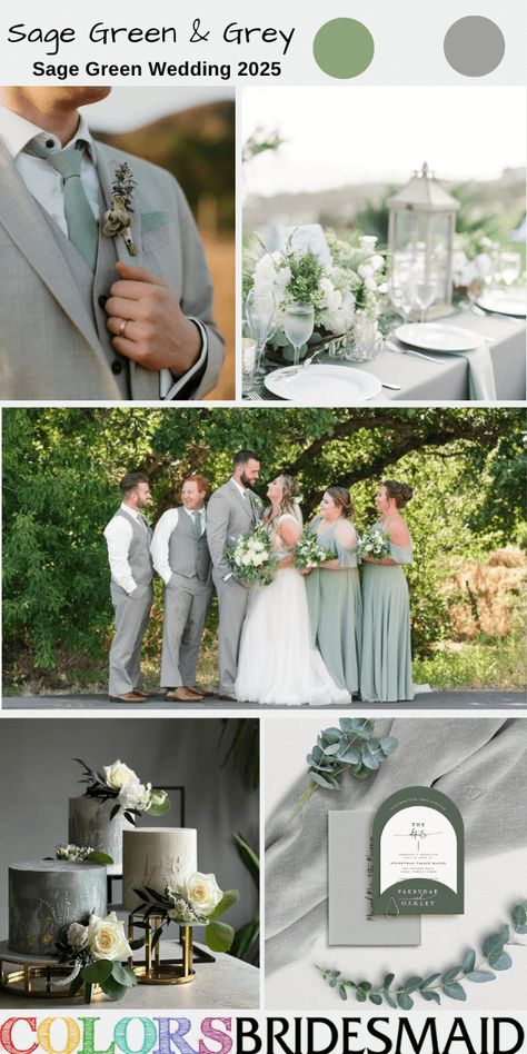 Top 8 Sage Green Wedding Colors for 2025 That Are Dreamy - ColorsBridesmaid Sage Green Wedding Cake, Sage Green Wedding Theme, Sage Green Bridesmaid Dresses, Grey Wedding Theme, Sage Green Bridesmaid, Sage Green Wedding Colors, Gray Wedding Colors, Sage Green Tie, White Weddings Reception