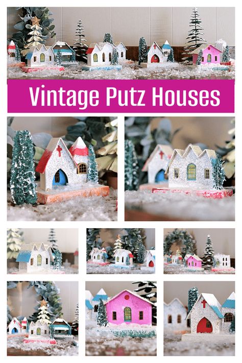 Putz Christmas Houses, Paper Village Houses, Putz House Diy, Cricut Putz House, Vintage Putz House Display, Putz Village Display, Putz Houses How To Make, Putz Houses Vintage, Putz House Patterns Free Printable