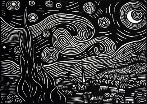 Vincent's Starry Night - linoleum block print, 2011 Lino Print Artists, Woodcut Art, Scratchboard Art, Linoleum Print, Linoleum Block Printing, Linocut Printmaking, Black Paper Drawing, Lino Art, Linoleum Block