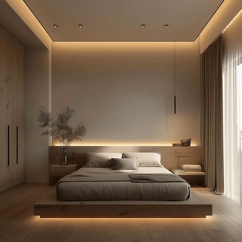 55 Minimalist Bedroom Ideas That Will Instantly Calm Your Mind Small House Interior Design Bedrooms, Bedroom Ideas With Low Bed, Ideas For Rooms Decoration, Hanging Lights By Bed, In Ground Bed, Minimalistic Bedroom Design Ideas, Minimalistic Ceiling Design, Bedroom Ideas Condo, Lighting Room Ideas