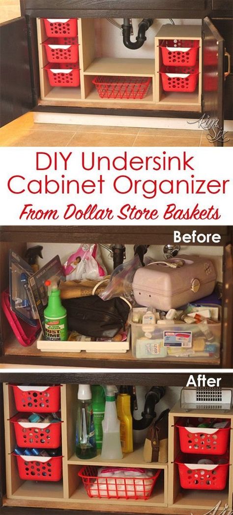 From a single sheet of plywood  and some dollar store bins she built this fabulous organizer. What a great way to use all that awkward space under the sink!   Undersink Cabinet Organizer with Pull Out Baskets.   via http://TheKimSixFix.com Dollar Store Bins, Diy Organizer, Mop Holder, Kitchen Organizers, Kabinet Dapur, Cabinet Organizer, Cabinets Organization, Trendy Kitchen, Cabinet Organization