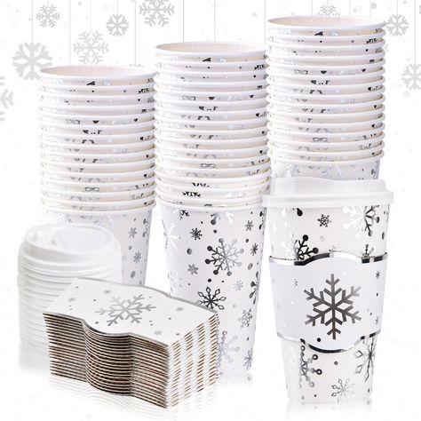 PRICES MAY VARY. Package Includes: 48 set of silver foil printed snowflake paper coffee cups, plastic cup lids and corrugated cup sleeves; abundant in quantity to meet your home, office, restaurant, party needs and replacements Measurement: the winter snowflakes coffee cups have a capacity of about 16 ounces, top diameter of 3.5 inches, bottom diameter of 2.3 inches, height of 5.3 inches; proper and large size to hold tea, coffee, hot chocolate, cold beverages Quality Material: these 16 oz Chris Coffee Cups With Lids, Paper Coffee Cups, Winter Wonderland Decorations, To Go Coffee Cups, Winter Onederland Party, Silver Foil Printing, Disposable Coffee Cups, Outside Baby Showers, Cups With Lids