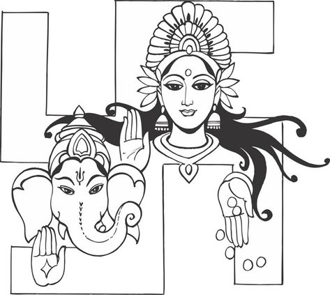 Ganesh Lakshmi Drawing, Ganesh And Lakshmi Drawing, Swastik Painting Art, Drawing On Indian Festivals, Laxmi Ganesh Drawing, Lakshmi Drawing Easy, Deepavali Drawing, Lakshmi Drawing, Bengali Painting