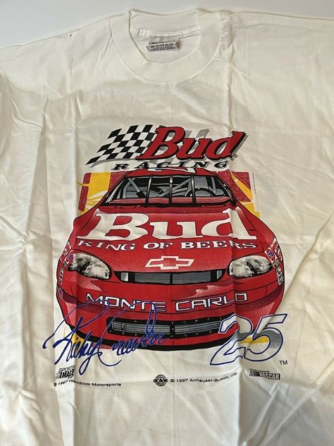 Vintage 1997 NASCAR Ricky Craven Bud Racing T-Shirt Mens Size XXL. 100% Cotton!. Brand new only removed from package to photograph graphic. First time opening package since 1997 Funny Race Shirts, Vintage F1 Shirt, Vintage Nascar Tee, Vintage Sports Shirts, Vintage Racing Shirt, Racing Tshirt Designs, Open Back Shirt Outfit, Race Car Shirts, Street Wear Shirts