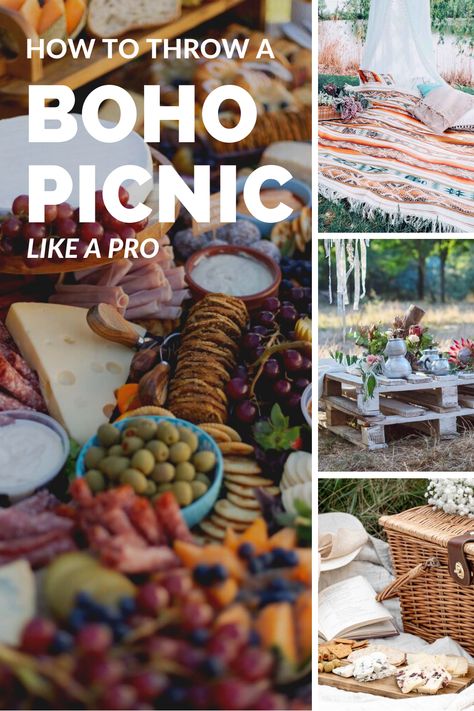 Cozy Picnic Ideas, Carpet Picnic Ideas, Boho Picnic Food Ideas, Country Picnic Party Ideas, Boho Picnic Party Backyards, Boho Party Food, Bohemian Picnic Party, Boho Picnic Ideas, Picnic Basket Aesthetic