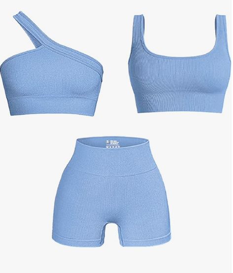 the cutest three piece workout set with a unique twist Workout Sets For Women, Gym Attire, Fitness Activewear, Two Piece Outfits, Gym Clothes Women, High Intensity Workout, High Waist Shorts, Workout Sets, Summer Crop Tops