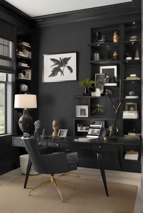 Looking to elevate your office space? Discover how Tricorn Black (SW 6258) adds timeless sophistication to your walls in this daily interior designer routine. #Ad #homedecor #homedesign #trendgirlApartment #Painthome #interiorarchitecture Wall Colors Green Room Colors Bright Room office Colors Apartment Renovation Home office Remodeling Modern Paint Colors 2024 Black And Beige Office, Paint Colors 2024, Green Room Colors, Cozy Office Space, Condo Inspiration, Tricorn Black, Modern Paint Colors, Office Paint Colors, Mountain Interiors