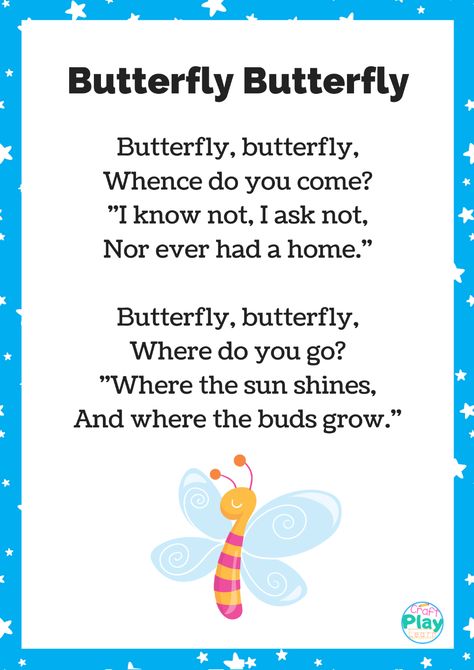 Printable Butterfly Song For Kids And Activity IdeasToday on Craft Play Learn we are sharing a fantastic free printable of the nursery rhyme Butterfly Butterfly. I really do love Butterflies, they are quite beautiful. In fact I’ve had the opportunity to take my daughter to visit butterflies at Tropical World Leeds in the United Kingdom and at the Otago Museum in New Zealand.Music is a wonderful medium for kids and for those interested in the beauty of the butterfly there are many songs you c Butterfly Poems For Kids, Butterfly Songs Preschool, Preschool Spring Songs, Butterfly Facts For Kids, April Lesson Plans, Butterfly Activities, Butterfly Song, Butterfly Poems, Butterfly Lessons