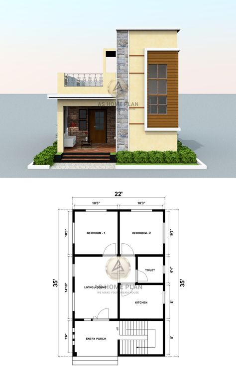 3d house front elevation design with 2d plan layout Plan With Elevation House, 22×35 House Plan, 22×40 House Plan, 20x30 House Plans 2 Bedrooms, 3 Bedroom Home Floor Plans Small, Banglow Design, Second Floor House Design, House Design With Floor Plan, Budget House Design