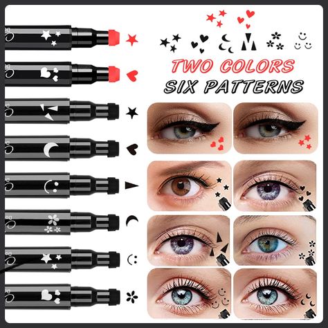 10 Pack Liquid Eyeliner Stamp Set with 8Pcs Eyeliner Stamp and 2Pcs Eyebrow Pencil, Waterproof Smudgeproof Eyeliner Long Lasting Eyeliner Pen (Heart/Flower/Moon/Star/Smiley /Triangle Seal Stamp) Heart Eyeliner Stamp, Blue Eyeliner Stamp, Star Eyeliner Stamp, Korean Eyeliner Products, Kajal Pencil, Eyeliner Stamp, Long Lasting Eyeliner, Flower Moon, Eyeliner Pen