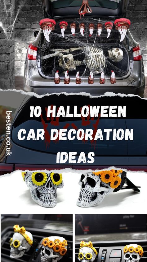 Halloween car decoration ideas Vehicle Halloween Decor, Halloween Vehicle Decorations, Halloween Car Ideas, Creepy Window, Car Decoration Ideas, Halloween Car Decorations, Spooktacular Halloween, Hood Ornaments, Trunk Or Treat