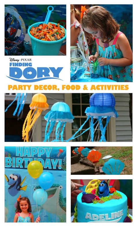 Finding Dory Birthday Party with decorations, food ideas, crafts and games. A must-see birthday party. Love all the Finding Dory elements including a Finding Dory cake, Finding Dory crafts and Finding Dory games. Lots of ideas that busy parents can use for party planning! Finding Dory Crafts, Under The Sea Party Ideas, Finding Dory Birthday Party, Dory Birthday Party, Finding Dory Party, Finding Dory Birthday, Finding Nemo Party, Nemo Birthday Party, Dory Birthday