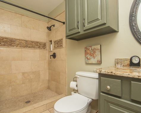 Green Bathroom With Brown Tile, Olive Colored Bathroom, Bathroom Wall Color With Brown Tile, Light Brown Shower Tile, Bathroom Ideas Tan Tile, Sage Green And Tan Bathroom, Sage And Tan Bathroom, Tan Bathroom Tile Color Palettes, Green And Brown Bathroom Ideas