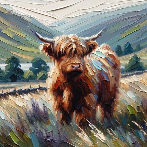 Highland Theme Living Room, Hi Land Cow Painting, Scottish Cow Drawing, Paint Highland Cow, Scottish Highlands Color Palette, Scottish Highlands Painting, How To Paint A Cow, How To Paint A Highland Cow, Highland Cow Painting Easy