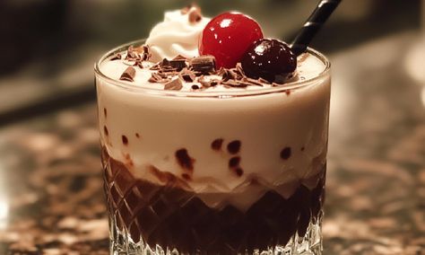 Cherry Chocolate White Russian Recipe Chocolate White Russian, White Russian Recipe, White Russian Recipes, Cherry Drink, Creamy Cocktails, Desserts In A Glass, Cherry Syrup, Cherry Cocktail, Cherry Liqueur