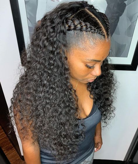 Long Sew In with Braids Anniversary Hairstyles Black Women, Curly Sew In Weave, Jerry Curl Hair, Curly Hair Sew In, Sew In Weave Hairstyles, Curly Sew In, Half Cornrows, Polished Hair, Sew In Hairstyles