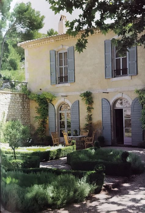 Front facade of French Country House with Provence Blue shutters. French Country Houses, Farmhouse Shutters, Blue Shutters, French Exterior, Casas Coloniales, Casa Exterior, Shutters Exterior, Exterior Stone, French Cottage