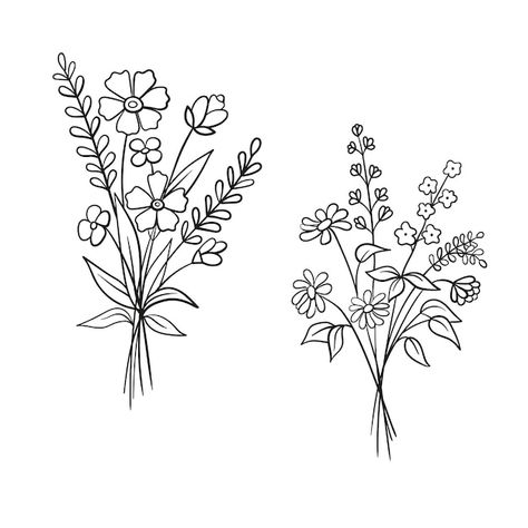 Premium Vector | Collection of herbs and wild flowers and leaves isolated Simple Drawings Flowers, Flower Bouquet Drawing, Simple Flower Drawing, Fineliner Art, Bible Journaling Ideas Drawings, Flower Vector, Birth Flower Tattoos, Flower Outline, Outline Designs