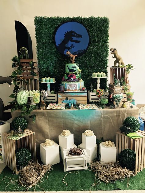 Jurassic World Candy Table, Fancy Dinosaur Party, Dinosaur Sweets Table, Dinosaur Cake Table, Dinosaur Candy Table, Dinosaur Party Backdrop, Dino Birthday Cake, Birthday Party Candy Bar, Jurassic Park Birthday Party