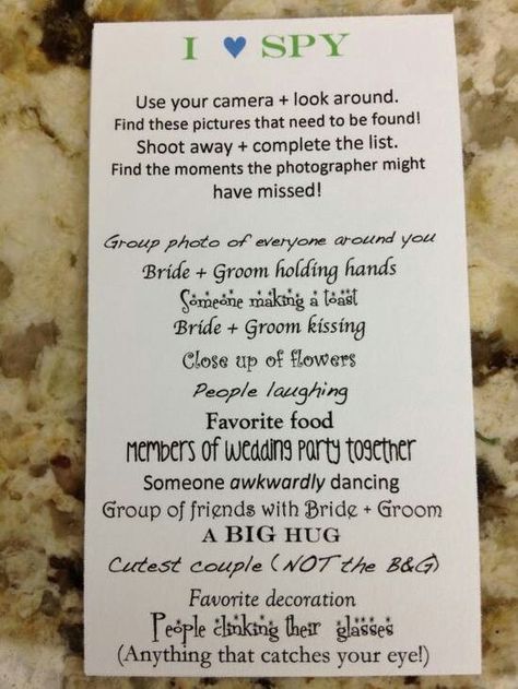 Photo scavenger hunt for wedding reception... Great to use for Instagram and/or disposable cameras on the tables!! Wedding Fotos, Disposable Cameras, When I Get Married, Disposable Camera, Foto Tips, Future Mrs, Cute Wedding Ideas, Wedding Games, I Got Married