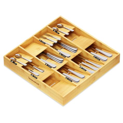 PRICES MAY VARY. 12 SLOTS ORGANIZED AND BEAUTIFUL - Make your kitchen drawer neat and organized with bamboo silverware organizer. The utensil organizer is designed for your different silverware kitchen storage organization; SIZE: 15.6"L x 16"W x 2.4"H KITCHEN UTENSILS STORAGE - Designed to hold silverware, utensil, flatware, cutlery, spoons and knives; The bamboo organizer for kitchen storage organization is 2.4" High; MEASURE YOUR DRAWER HEIGHT FIRST 80 LABEL STICKERS INCLUDED - Identify drawer Knife Drawer Storage, Kitchen Utensil Drawer Organization, Kitchen Utensil Drawer, Bamboo Silverware, Knife Drawer, Silverware Organizer, Labels Kitchen, Silverware Drawer Organizer, Utensil Drawer Organization