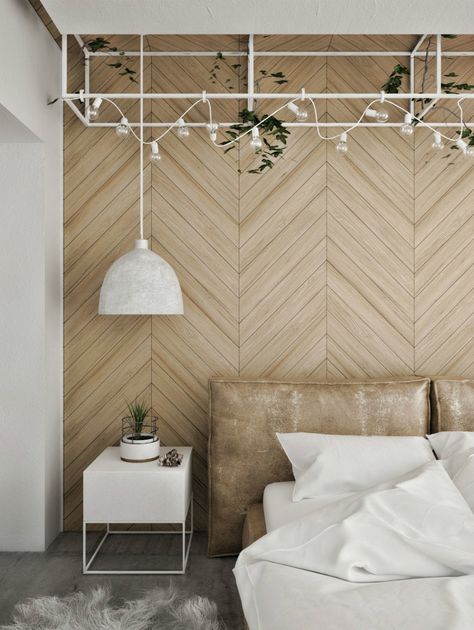 Headboard wall features wooden chevron panelling Modern Loft Interior, Perete Accent, Design Interior Modern, Wooden Accent Wall, Contemporary Loft, Feature Wall Bedroom, Loft Interior Design, Headboard Wall, Wood Accent Wall