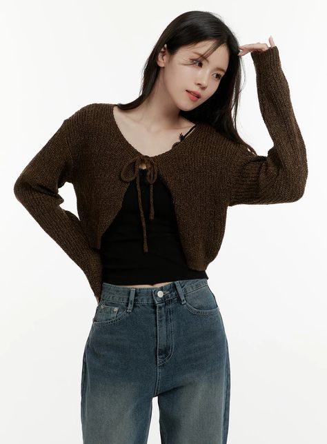 Tie Knit Crop Cardigan OA405 - Korean Women's Fashion | LEWKIN Tie Cardigan Outfit, Cardigan Street Style, Brown Cardigan Outfit, Cropped Cardigan Outfit, Back To School Looks, Cardigan Korean Style, Knit Crop Cardigan, Fall Cardigans, Crop Cardigan