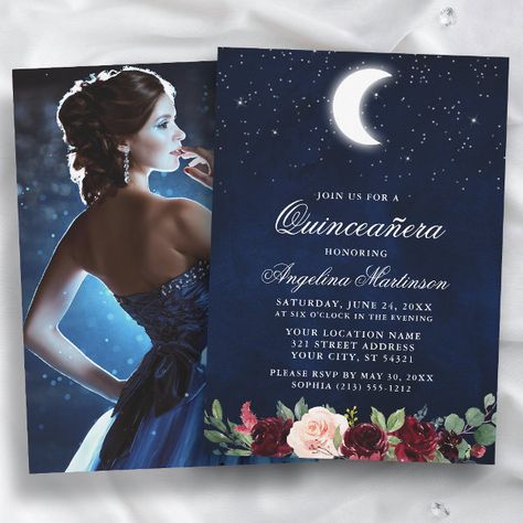 Celestial Moon Stars Floral Photo Quinceanera Invitation Starry Night Quinceanera Invitations, A Night Under The Stars Invitation, Navy Blue And Silver Invitations, Night Under The Stars Quinceanera, Star Quinceanera Theme, Celestial Quinceanera, Under The Stars Quinceanera Theme, Starry Night Invitation, Debut Theme