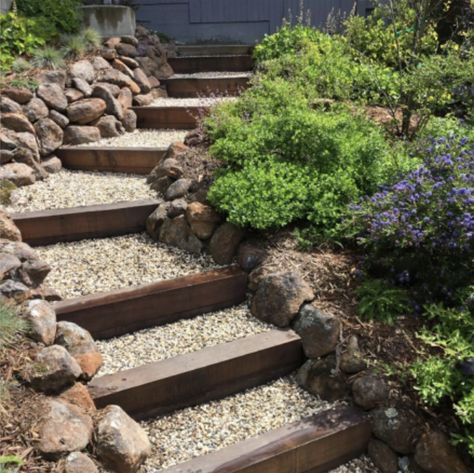 Slope Walkway Ideas, Yard With Hill Landscaping, Landscaping Steps On A Slope, Landscape Stairs Sloped Yard, Paver Steps On Slope, Backyard Hill Landscaping, Sloped Backyard Landscaping, Taman Diy, Landscape Stairs