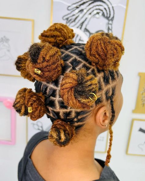 Atlanta Hair Care on Instagram: “What a super cute Bantuknots Loc Style by our stylist Janiquia! 😍 Book your next appointment by clicking BOOK above in the bio or by…” Business Casual Loc Styles, Head Scarf Styles Black Women Locs, Lox Retwist Styles, Bantu Loc Styles, Unique Loc Styles Black Women, Bantu Knot Loc Styles, Bantu Knots Locs Hairstyles, Loc Bantu Knots, Bantu Knots On Locs