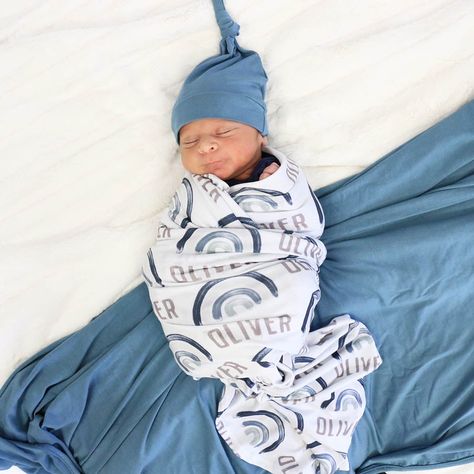 Cannon's Earthy Blues Rainbow Personalized Swaddle Blanket | Caden Lane Watercolor Rainbows, Earthy Rainbow, Newborn Swaddle Set, Caden Lane, Personalized Swaddle Blanket, Personalized Swaddle, Personalized Newborn, Newborn Swaddle, Swaddle Sets