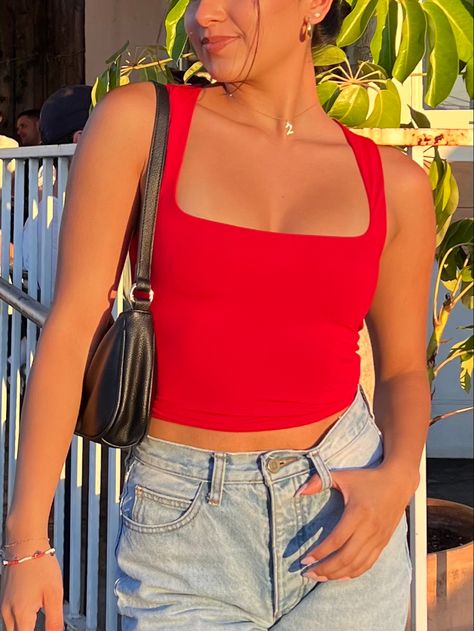 Red Tank Top Outfit Summer, Red And White Summer Outfit, Red Tank Outfit, How To Style A Red Top, Red Outfits Summer, Edgy Red Summer Top, Cute Red Summer Tank Top, Red Fitted Summer Crop Top, Red Tube Top Outfit