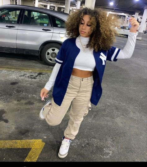 baseball jersey, cargo tan pants, white long sleeve crop top, and jordan 3s Long Sleeve Cropped Top Outfits, Cropped Baseball Jersey, Baseball Jersey Outfit, White Long Sleeve Crop Top, Styling Jordans, Teen Fashion Trends, Black Long Sleeve Crop Top, Chic Outfit Ideas, Cargo Pants Outfit