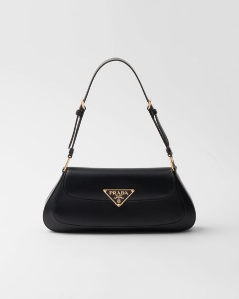 Black Leather Shoulder Bag | PRADA Prada Shoulder Bag Outfit, Black Designer Bag, Black Prada Bag, 90s Style Icons, Vintage Prada Bag, Prada Vintage, Luxury Shoulder Bag, Prada Purses, Sacs Design