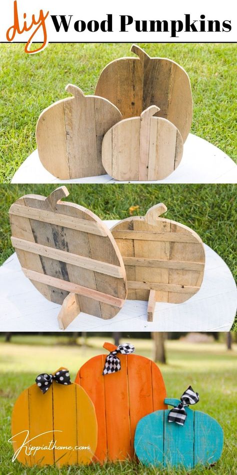 Three wooden standing pumpkins Diy Wood Holiday Projects, Wooden Craft Projects Diy Ideas, Pumpkins Made From Pallets, Pallet Board Pumpkins, Diy Pallet Wood Projects To Sell, Simple Pallet Projects Diy Crafts, Wood Diy Fall Decor, Things To Make From Scrap Wood, Diy Fall Yard Decorations