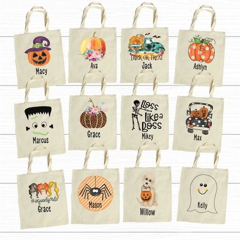 Personalized Trick Or Treat Tote Bags #halloween #personalized #treatbag #tote #halloweenbag #kids Paper Bag Decoration, Polka Dot Pumpkin, Fall Faves, Tote Bag Size, Halloween Bags, Trick Or Treat Bags, Copy Paste, Treat Bags, Halloween Crafts