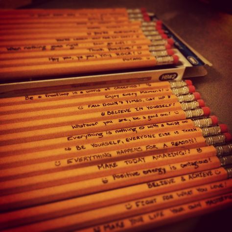 For the first day of school, write positive messages on pencils and hand them out to kids, brighten their day with a positive pencil! Chaplaincy Ideas, Pencil Quotes, Student Gifts End Of Year, Gifted Learners, Quote Pencils, Testing Motivation, Middle School Classroom Decor, Future Job, Chore Charts