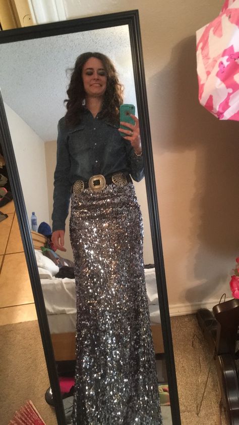 Sequin Dress With Cowgirl Boots, Sequence Western Outfits, Bedazzled Western Outfit, Western Sequin Skirt Outfit, Rodeo Banquet Outfit, Sequin Skirt And Cowboy Boots, Boots And Bling Party Theme Outfit, Reba Mcentire Outfits, Bling Western Outfit