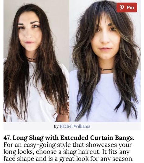 Long Shag Haircut Before And After, Long Shag Hair With Curtain Bangs, Edgy Layers For Long Hair, Long Shag Brunette Hair, Long Shag Haircut For Round Faces, Edgy Long Haircut For Thick Hair, Dark Brown Shaggy Long Hair, Long Haircut Shaggy Layers, Long Layered Shag With Curtain Bangs