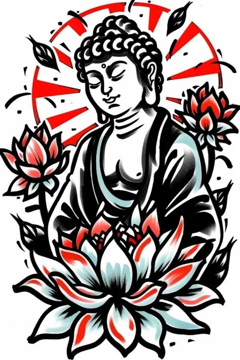 Tattoo idea: tattoo sketch A serene Buddha surrounded by lotus flow 1 Tropical Greenhouses, Buddha Tattoo Design, Tarot Card Tattoo, Idea Tattoo, New Tattoo Designs, Buddha Tattoo, Flower Sleeve, 3d Tattoos, 3d Tattoo