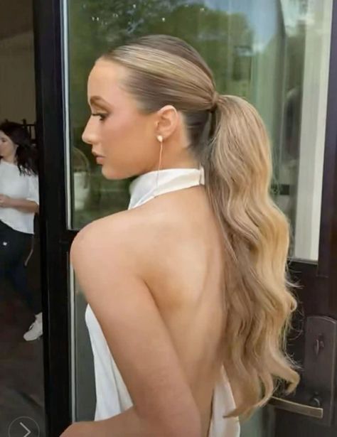 Ponytail For Formal Event, Slick Back Prom Ponytail, Slick Back Curled Ponytail Prom, High Neck Line Dress Hairstyles, Curled High Ponytail Hairstyles Prom, Bridal Slicked Back Hair, Slick Ponytail With Curls, Slick Ponytail Prom, Prom Hair Slick Back