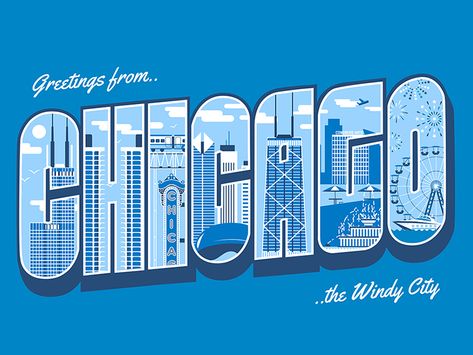 Chicago Themed Party, Greetings From Chicago, Chicago Graphic Design, Postcards Inspiration, Postcard Mailer, Graphic Deisgn, Chicago Landmarks, Greeting Poster, Journal Stuff