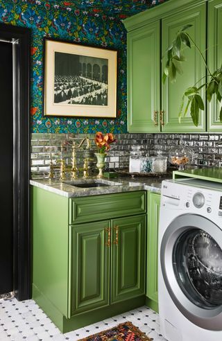 Laundry Room Green, Eclectic Laundry Room, Laundry Room Interior, Laundry Room/mud Room, Green Laundry, Room Green, Laundry Room Inspiration, Small But Mighty, Green With Envy