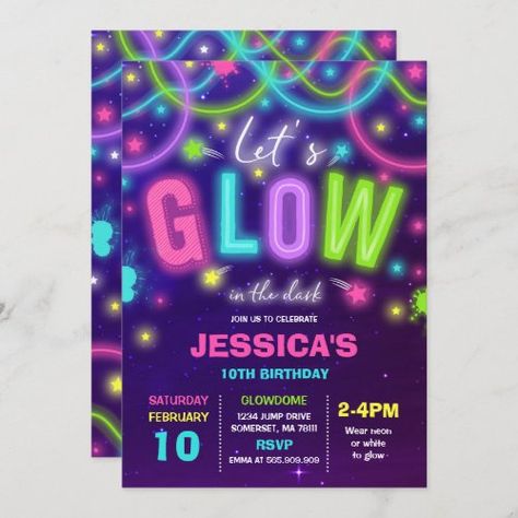 $2.87 | Glow Birthday Invitation Neon Glow Dance Party #glow birthday, glow party, neon, glow in the dark, glow in the dark party, neon paint party, neon dance party, glow dance party, glow disco party, glow party invite 10th Birthday Theme, Neon Birthday Invitations, Glow Dance Party, Neon Dance Party, Neon Party Invitations, Preteen Birthday, Glow Dance, Neon Party Decorations, Chic Invitation