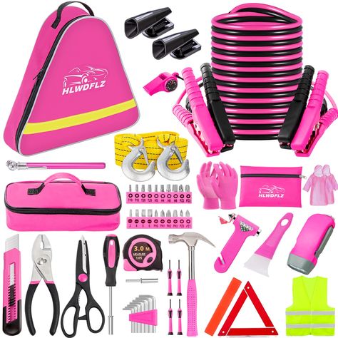 PRICES MAY VARY. Pink car emergency kit: This tool set comes with all the most useful and necessary roadside assistance tools. It includes a pink jumper cable, auto tool set, tow rope, safety hammer, reflective triangle and vest, deer whistles, snow shovel, tire pressure gauge, anti-skid gloves, 3 in 1 whistle, raincoat, fully equipped first aid kit, and portable pink storage bag Built to keep you safe: Learning from our extensive experience with emergency car kits, we hope to provide our custom Roadside Emergency Kit, Winter Safety, Pink Car Accessories, Car Emergency Kit, Safety Kit, Winter Car, Car Essentials, 2022 Christmas, Pink Accessories