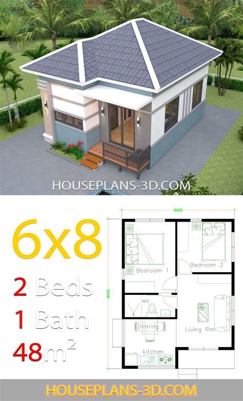 House Design 6x7 With 2 Bedrooms - House Plans 3D Hip Roof House Plans, House Plans 3d, Gable Roof House, One Bedroom House Plans, One Bedroom House, Pelan Rumah, Little House Plans, Affordable House Plans, Roof House