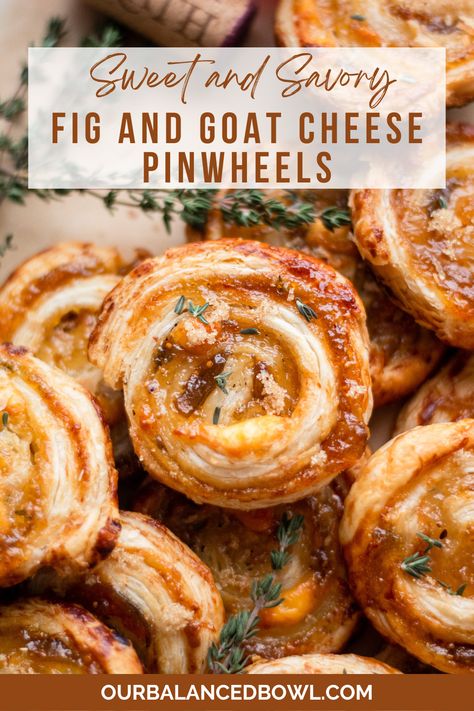 photo of baked pinwheels with thyme as a garnish Goat Cheese Pinwheels, Fig And Goat Cheese, Fig Preserves, Cheese Pinwheels, Creamy Goat Cheese, Finger Food Appetizers, Snacks Für Party, Party Food Appetizers, Sweet And Savory