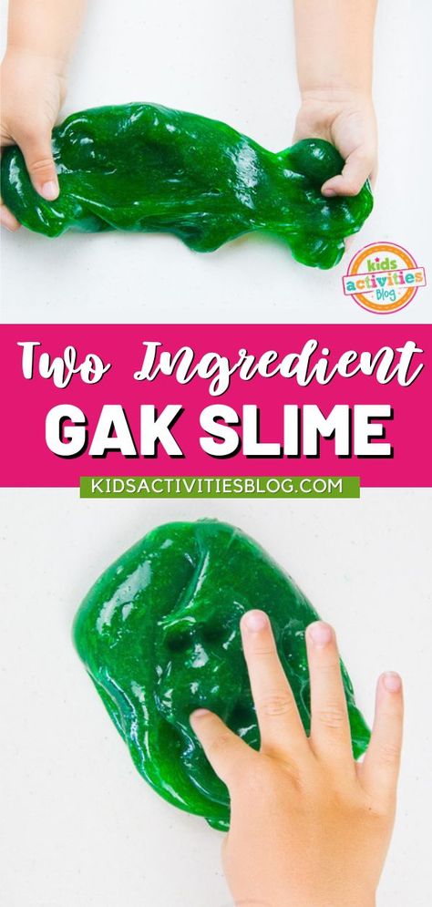 Two-Ingredient Gak Slime is great for kids of all ages. Homemade Gak is a fun alternative to slime — it’s thicker, squishier, and makes fun sounds when you press down into it. If you were around in the 90s, you probably had Gak as a toy or watched the Gak attacks on Nickelodeon which included a green slime substance being dumped most likely on someone’s head. Nickelodeon Slime Recipe, Gak Recipe, Nickelodeon Slime, Colorful Slime, Homemade Slime Recipe, Being Dumped, Rainbow Slime, Green Slime, Galaxy Slime